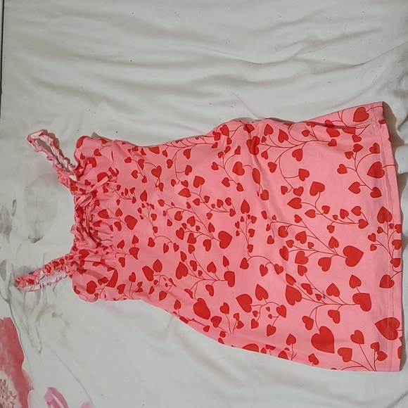 XS Shein Runched Milkmaid Pink Bodycon Dress with Red Hearts and Ruffled Straps - Picture 7 of 10